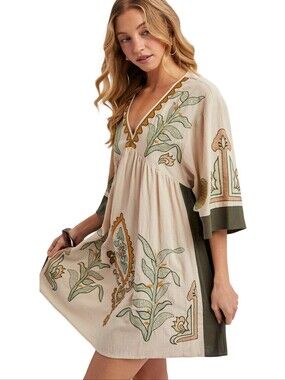 BLUIVY Sage Boho Embroidered Babydoll Mini Dress Size S
